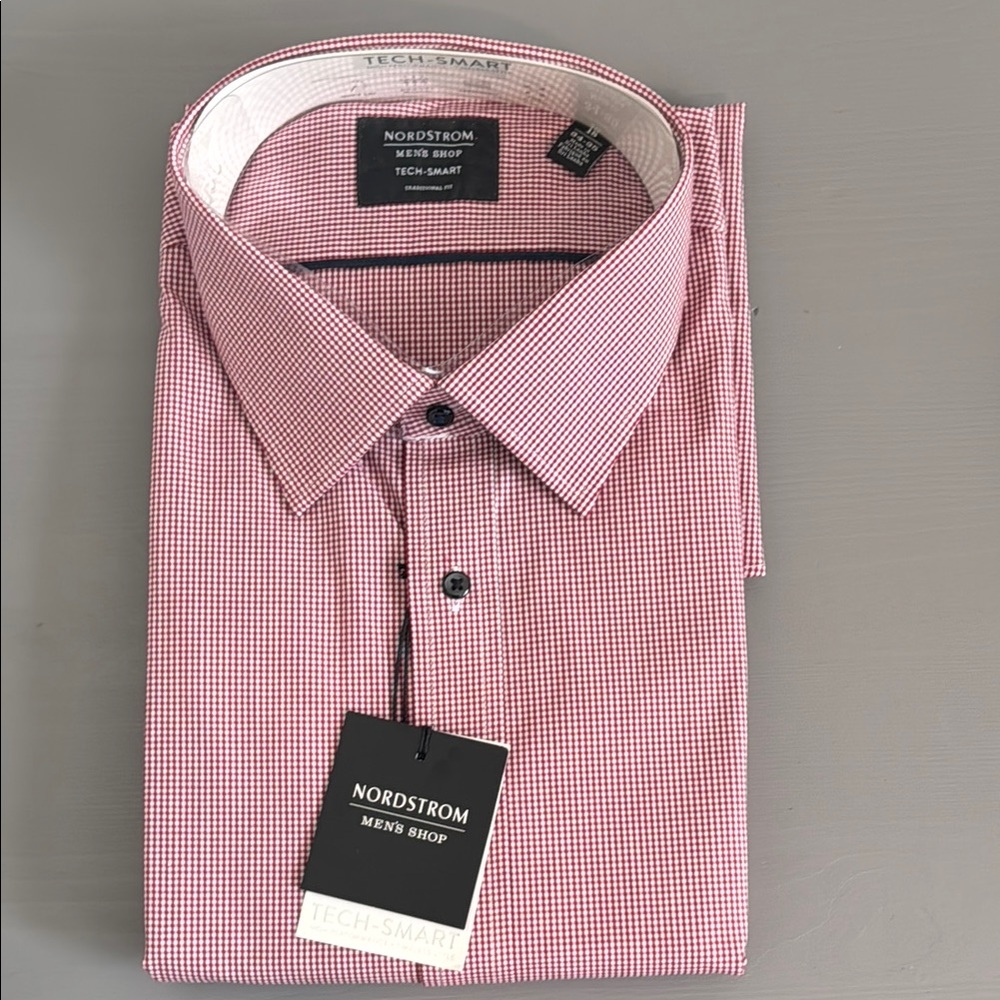 Nordstrom Red and White Check Tech-Smart Dress Shirt Traditional Fit (18/34-35)